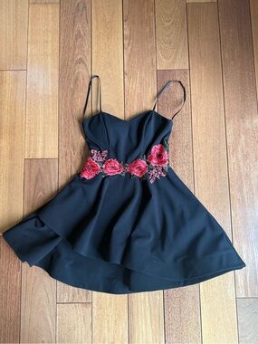Darling Black Spaghetti-Strap Mini Dress with Red Floral Embroidery